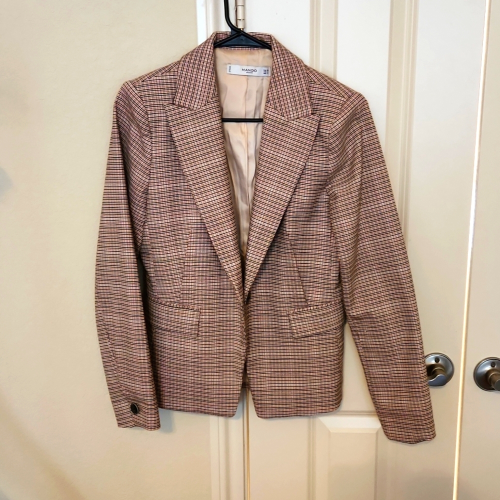 Gray and Cream Checkered Mango Blazer Jackets